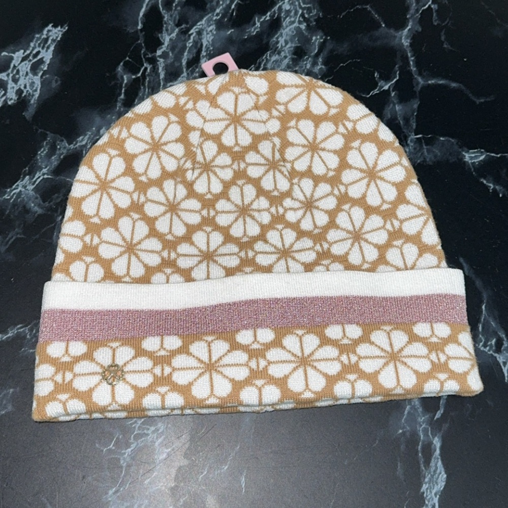 KATE SPADE Spade Flower Stripe Beanie Winter Hat Shimmer White Pink Multi NEW